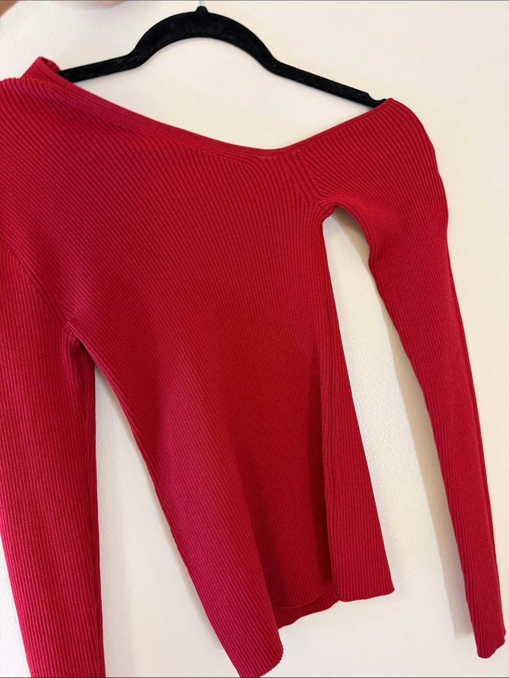STAUD Red Ribbed Off-Shoulder Long Sleeve Sweater